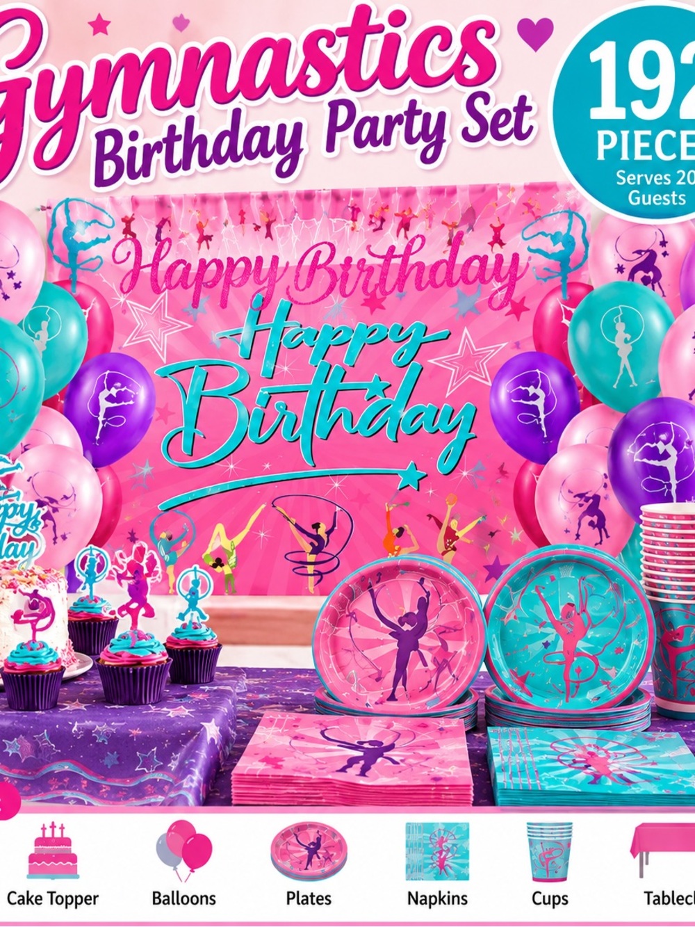 Gymnastics Birthday Party Set - Pink & Teal